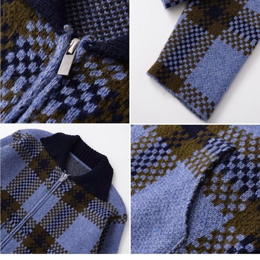 Blue Check Zip-Front Women's Sweater Jacket - Picture 5 of 8
